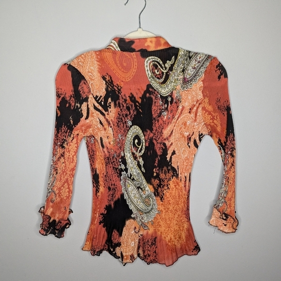 Y2k ruffled Renaissance abstract pattern long sleeve button up shirt womens XS - Picture 5 of 6